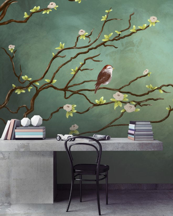 Blossom Branch Wallpaper : Bird on Sage Green Mural - View 4
