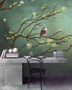 Blossom Branch Wallpaper : Bird on Sage Green Mural - View 4