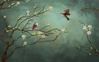 Blossom Branch Wallpaper : Bird on Sage Green Mural - flat design