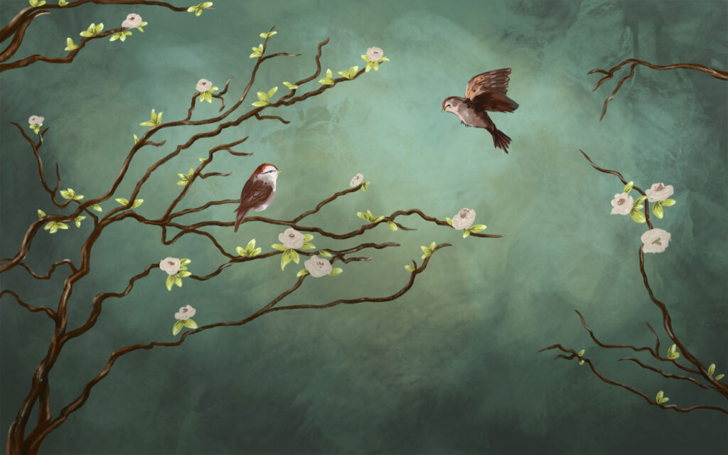 Blossom Branch Wallpaper : Bird on Sage Green Mural - flat design