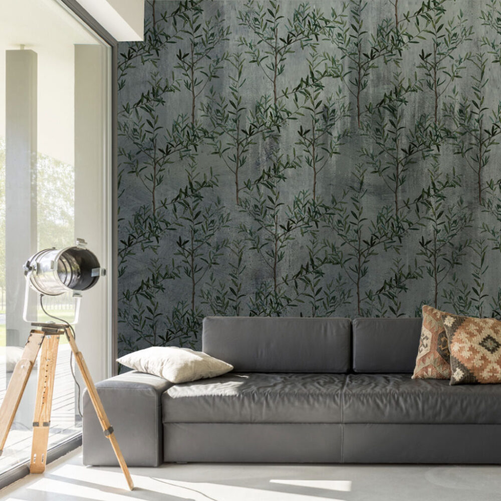Willow Twig Wallpaper : Green Leaves On Concrete Mural - View 5