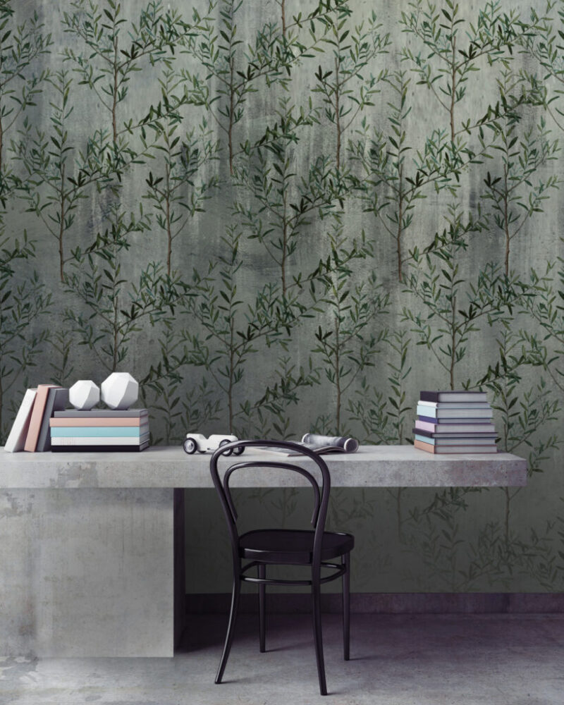 Willow Twig Wallpaper : Green Leaves On Concrete Mural - View 6