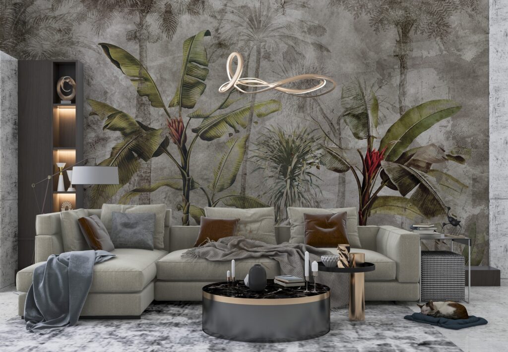 Distressed Jungle Wallpaper : Banana Palm Concrete Mural