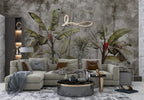 Distressed Jungle Wallpaper : Banana Palm Concrete Mural