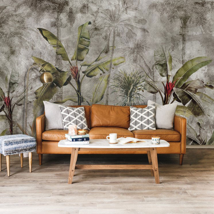 Distressed Jungle Wallpaper : Banana Palm Concrete Mural - View 3