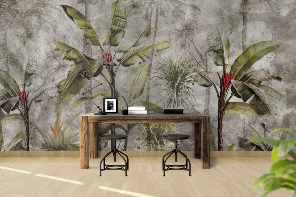 Distressed Jungle Wallpaper : Banana Palm Concrete Mural - View 2