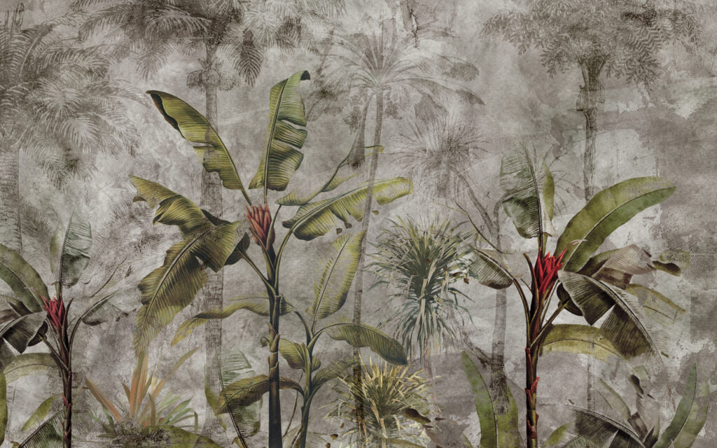 Distressed Jungle Wallpaper : Banana Palm Concrete Mural - flat design
