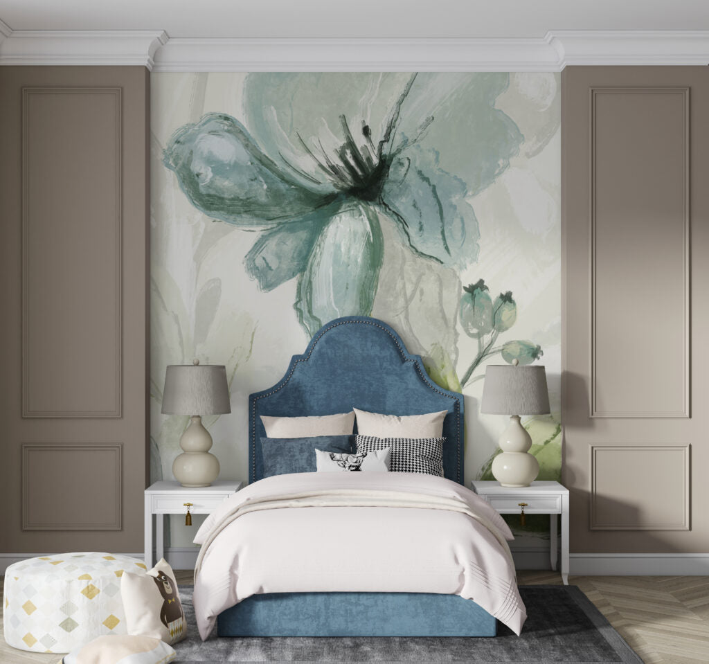 Watercolor Blue Flower Wallpaper : Soft Sage Botanical Mural
