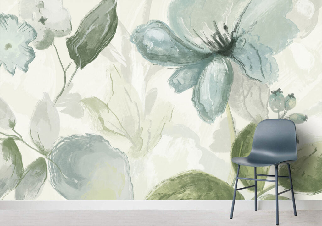 Watercolor Blue Flower Wallpaper : Soft Sage Botanical Mural - View 3