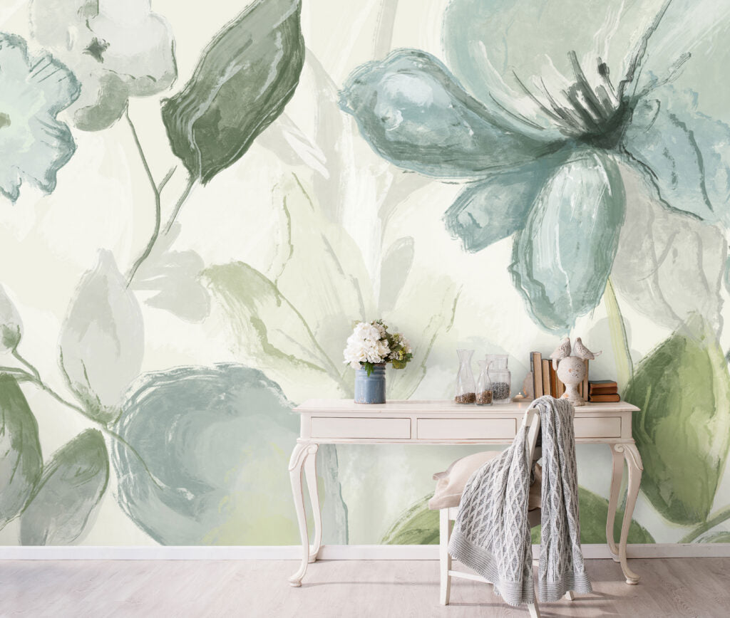 Watercolor Blue Flower Wallpaper : Soft Sage Botanical Mural - View 5