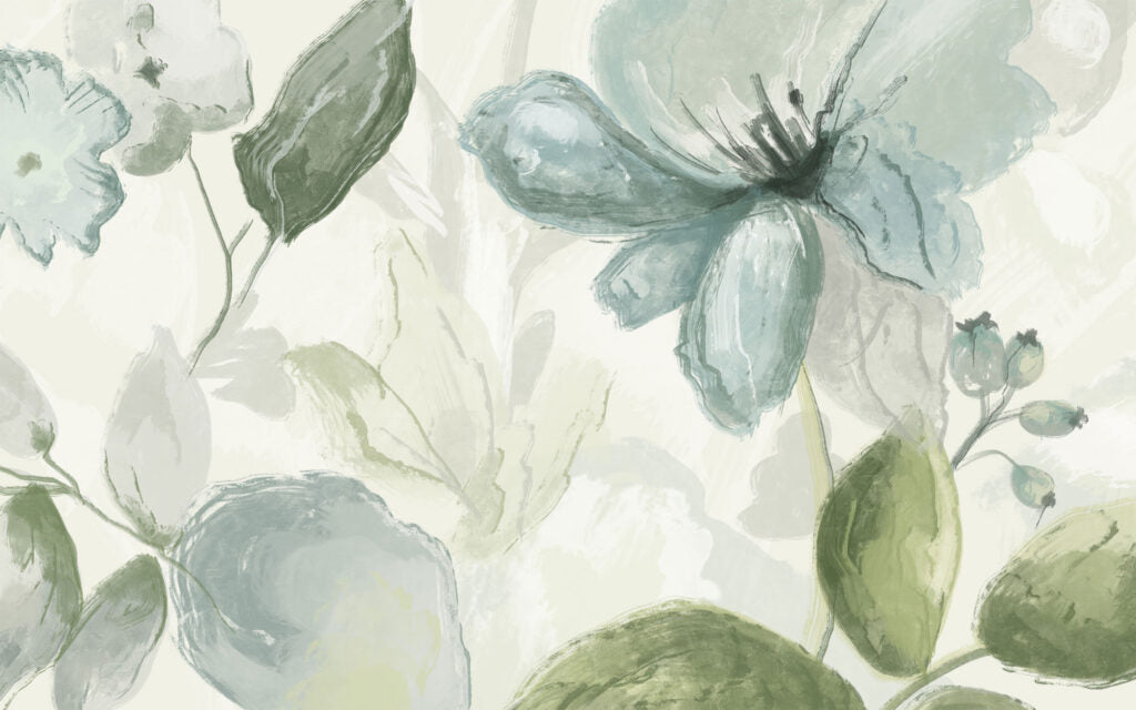 Watercolor Blue Flower Wallpaper : Soft Sage Botanical Mural - flat design