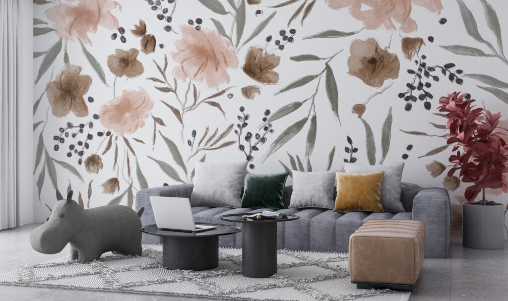 Blush Floral Wallpaper : Watercolor Flowers and Leaves Pattern
