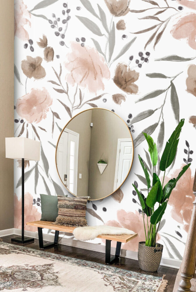 Blush Floral Wallpaper : Watercolor Flowers and Leaves Pattern - View 3