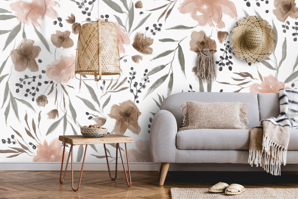 Blush Floral Wallpaper : Watercolor Flowers and Leaves Pattern - View 2
