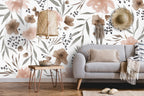 Blush Floral Wallpaper : Watercolor Flowers and Leaves Pattern - View 2