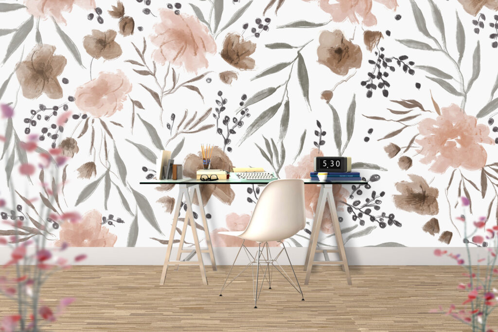 Blush Floral Wallpaper : Watercolor Flowers and Leaves Pattern - View 4