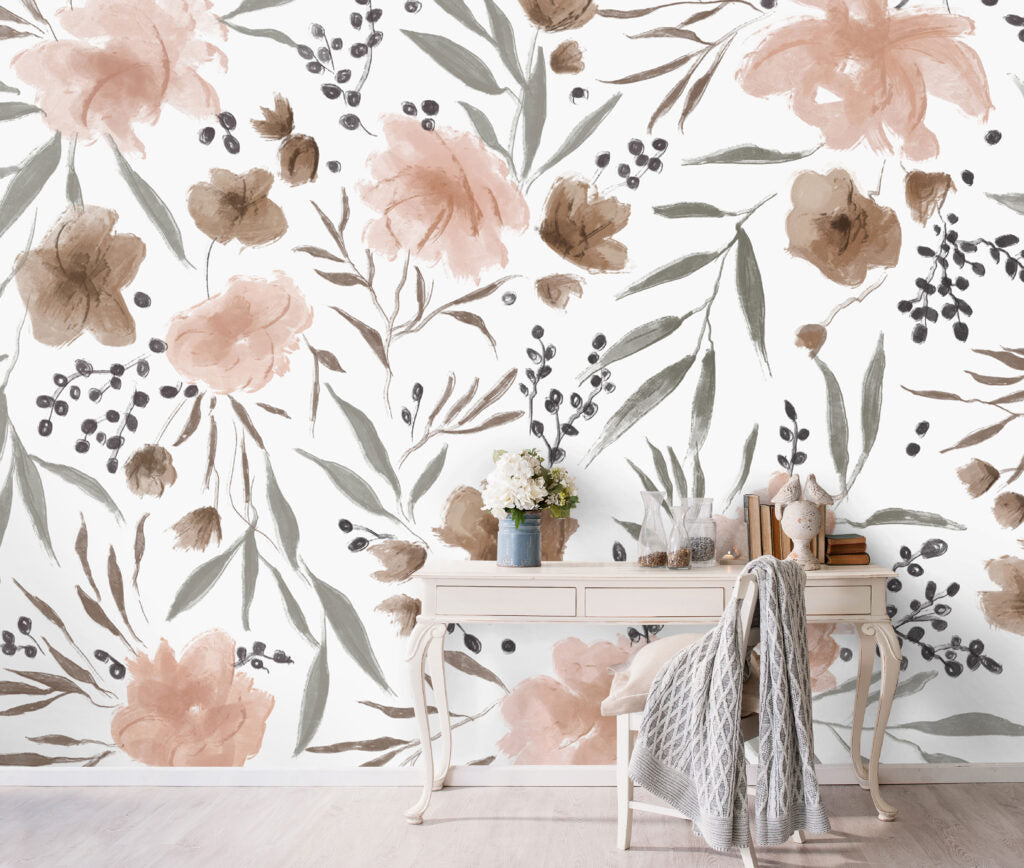 Blush Floral Wallpaper : Watercolor Flowers and Leaves Pattern - View 5