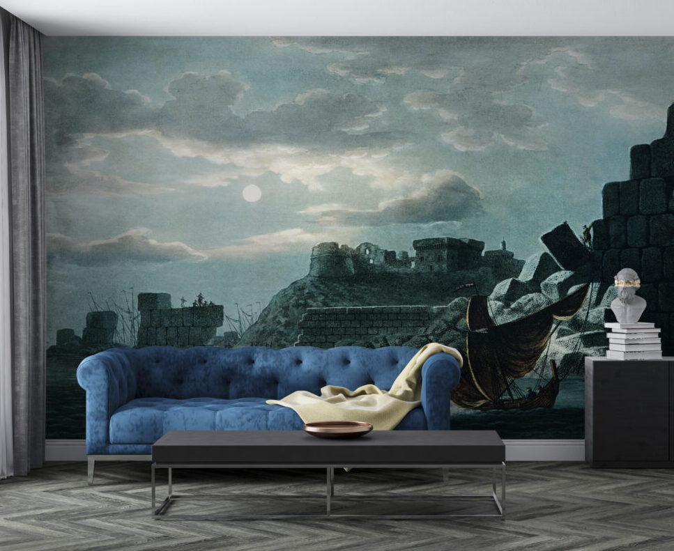 Moonlit Fortress Wallpaper : Vintage Seaside Castle Mural
