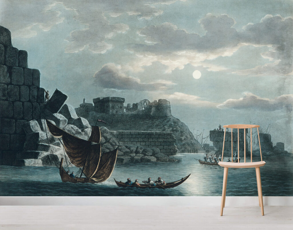 Moonlit Fortress Wallpaper : Vintage Seaside Castle Mural - View 4