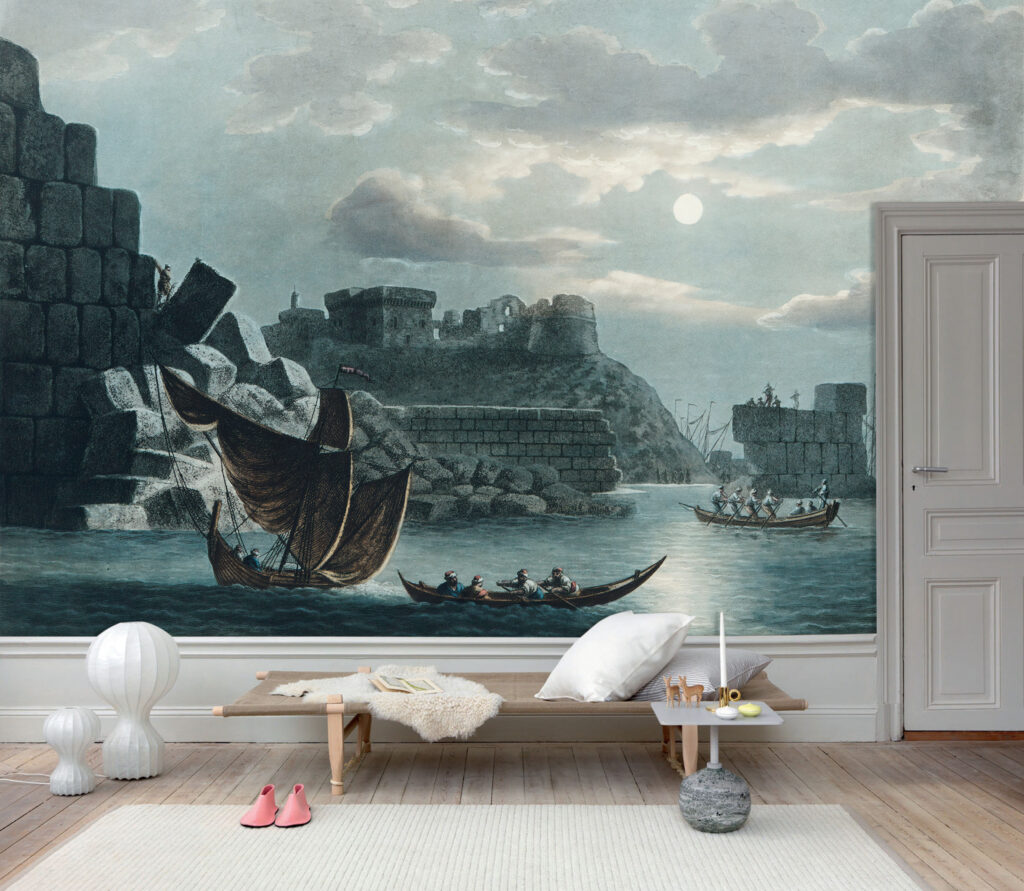 Moonlit Fortress Wallpaper : Vintage Seaside Castle Mural - View 3