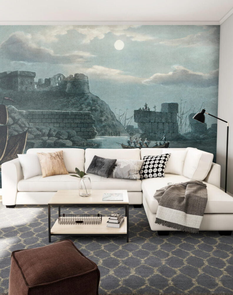 Moonlit Fortress Wallpaper : Vintage Seaside Castle Mural - View 5