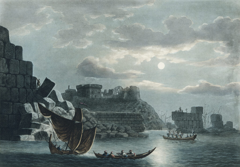 Moonlit Fortress Wallpaper : Vintage Seaside Castle Mural - flat design