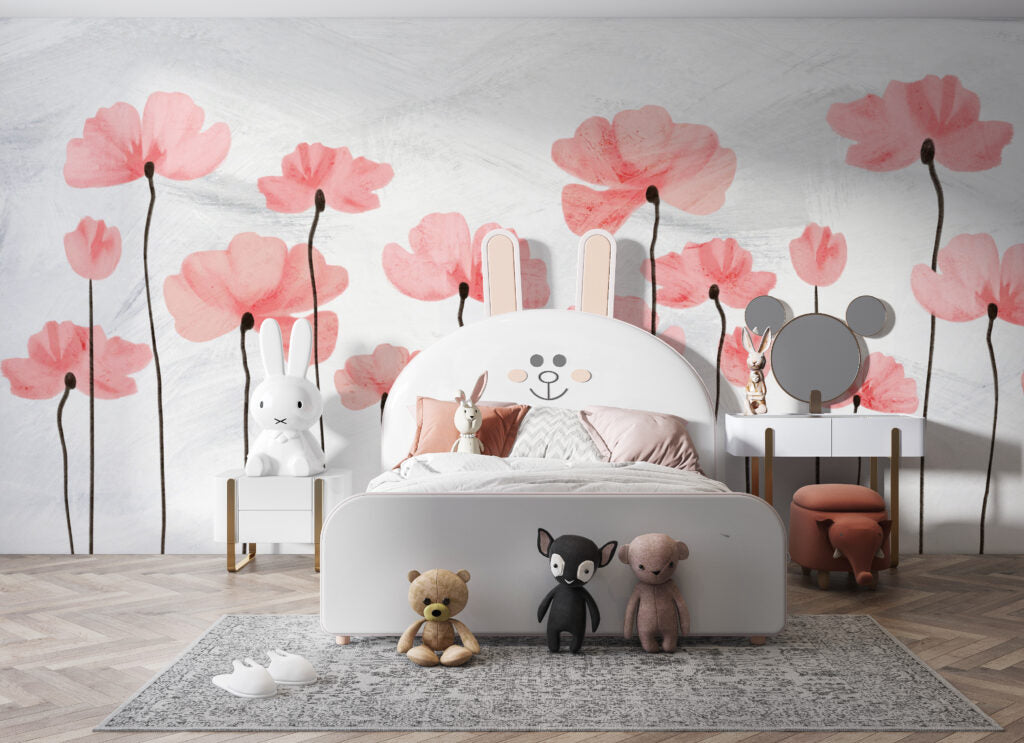 Pink Poppy Wallpaper : Tall Coral Flowers Mural
