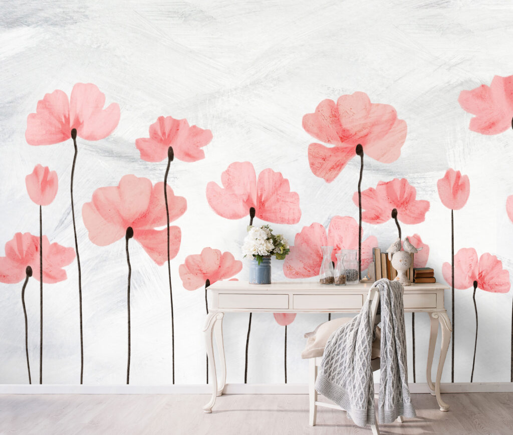Pink Poppy Wallpaper : Tall Coral Flowers Mural - View 5