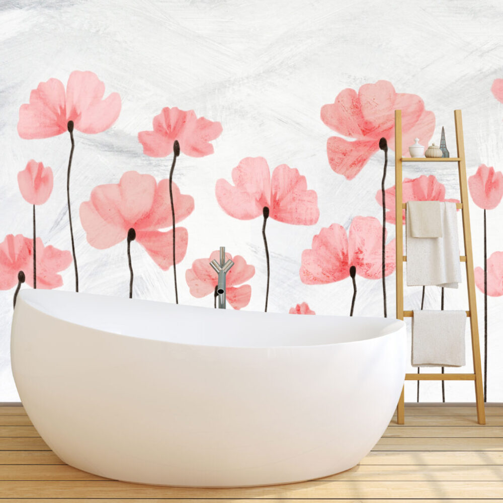Pink Poppy Wallpaper : Tall Coral Flowers Mural - View 4