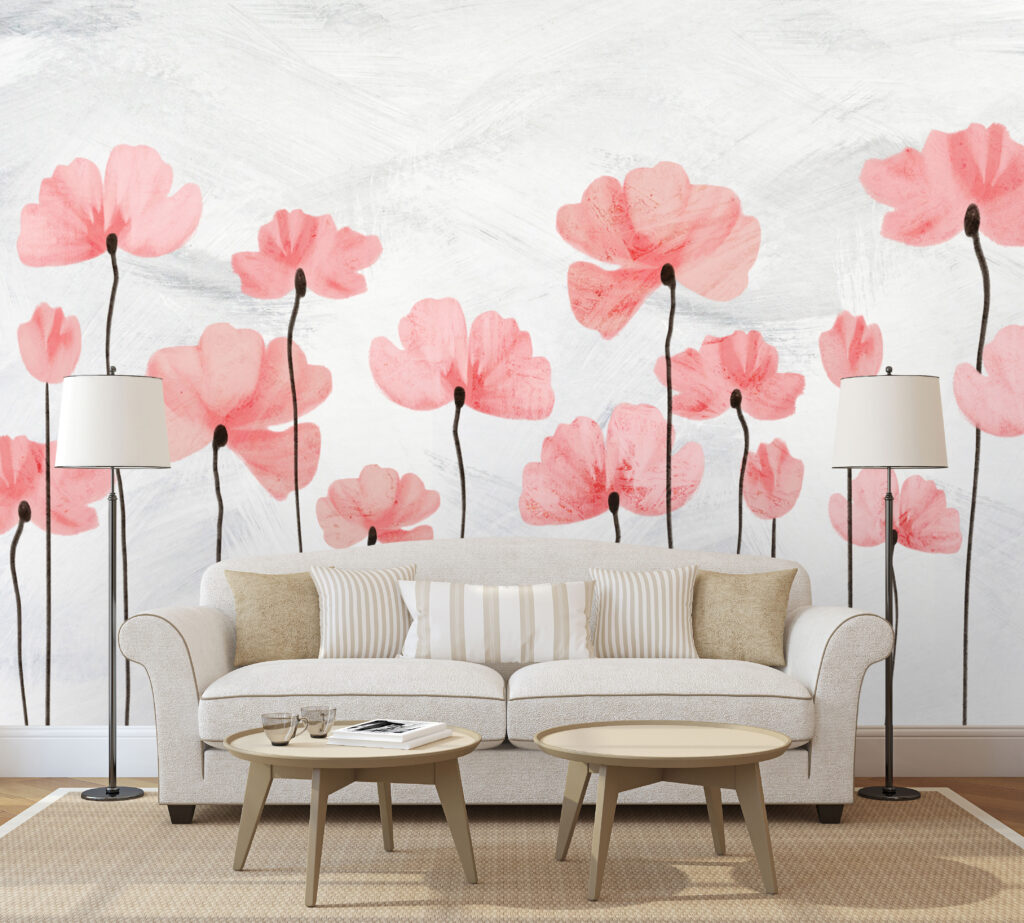 Pink Poppy Wallpaper : Tall Coral Flowers Mural - View 2