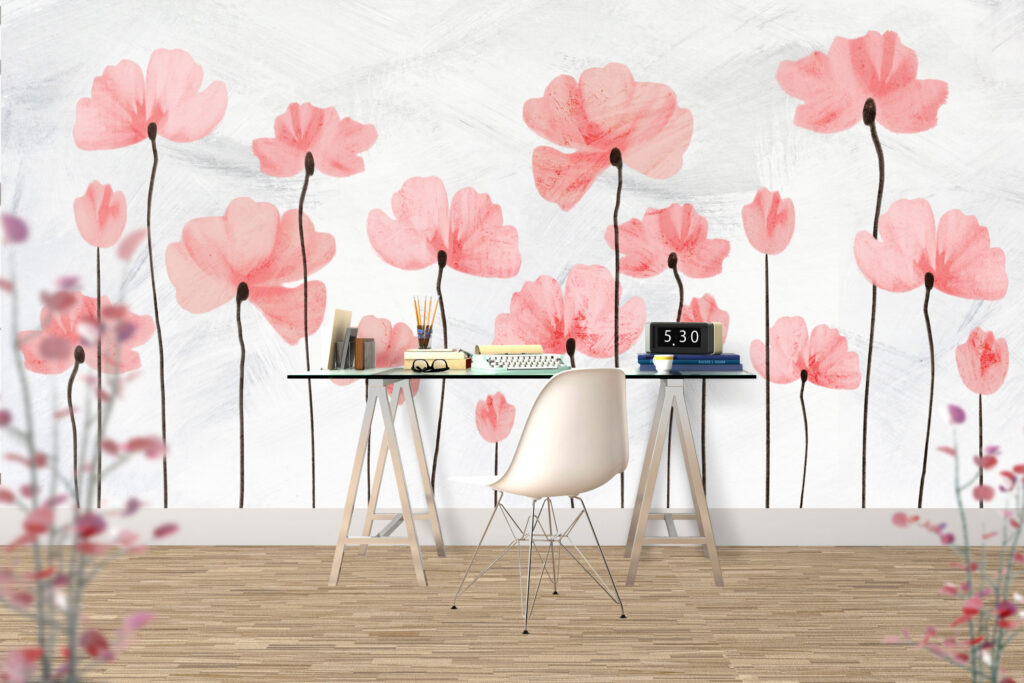 Pink Poppy Wallpaper : Tall Coral Flowers Mural - View 3