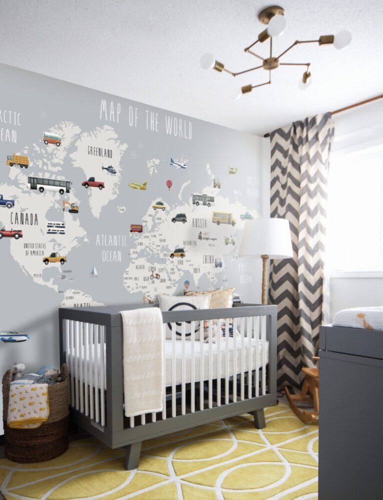 Kids Vehicle Map Wallpaper : Grey World Map with Cars Mural - View 4