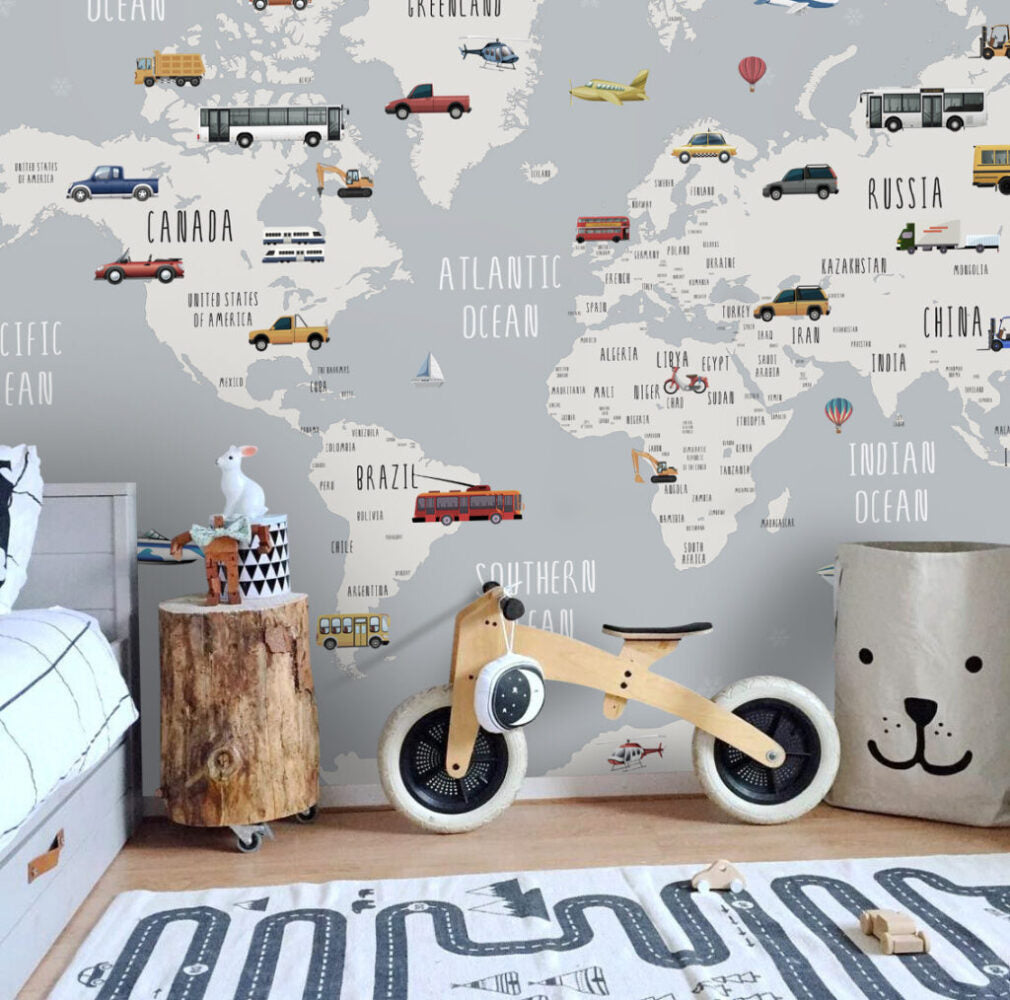 Kids Vehicle Map Wallpaper : Grey World Map with Cars Mural - View 3
