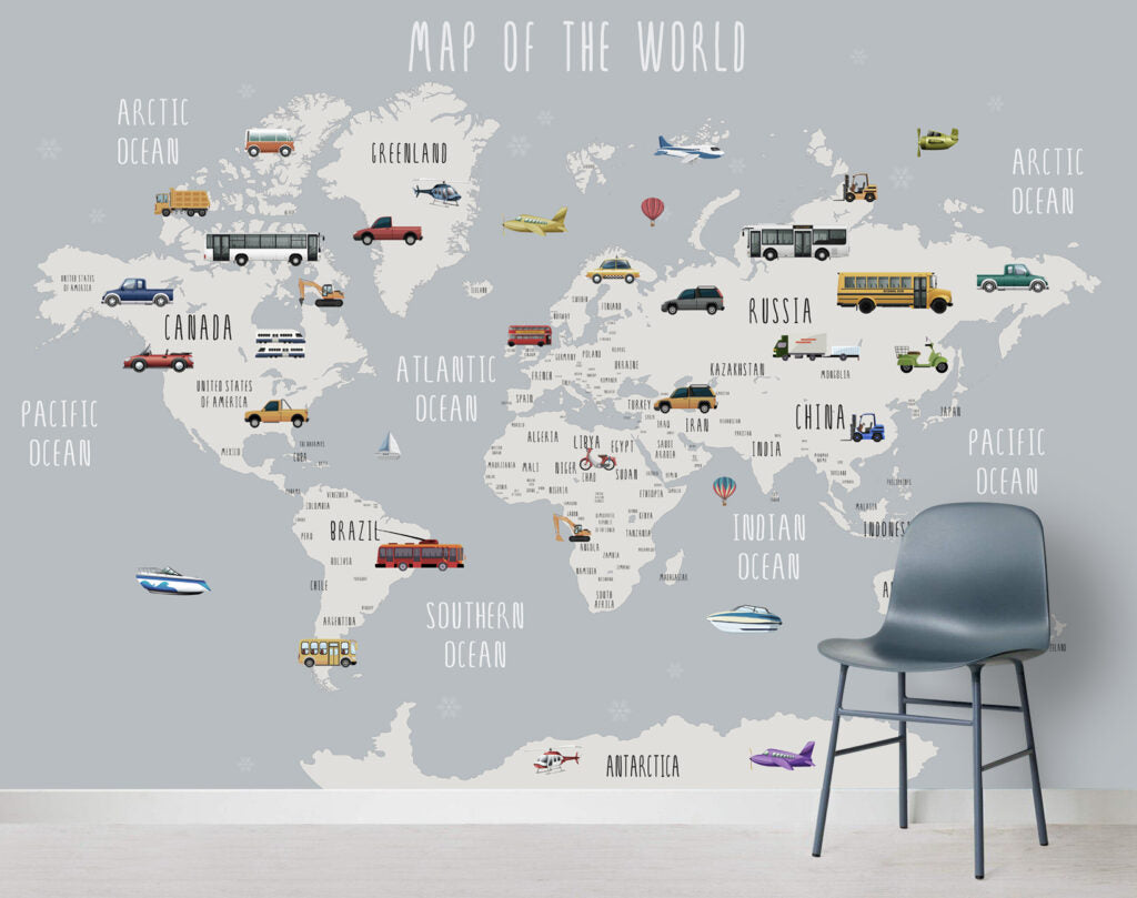 Kids Vehicle Map Wallpaper : Grey World Map with Cars Mural - View 2