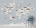 Kids Vehicle Map Wallpaper : Grey World Map with Cars Mural - View 2