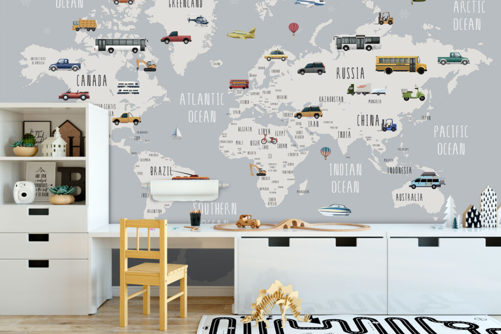Kids Vehicle Map Wallpaper : Grey World Map with Cars Mural