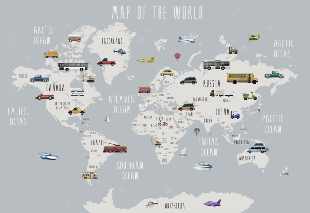 Kids Vehicle Map Wallpaper : Grey World Map with Cars Mural - flat design