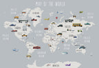 Kids Vehicle Map Wallpaper : Grey World Map with Cars Mural - flat design