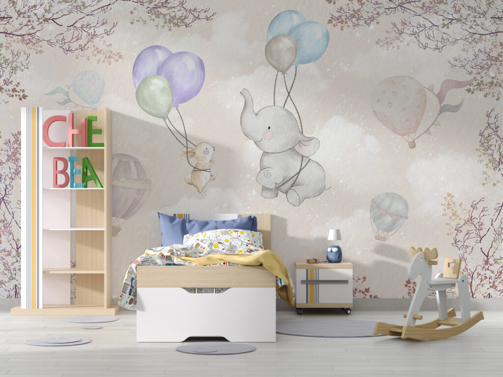 Flying Elephant Wallpaper : Balloon Bunny Nursery Mural