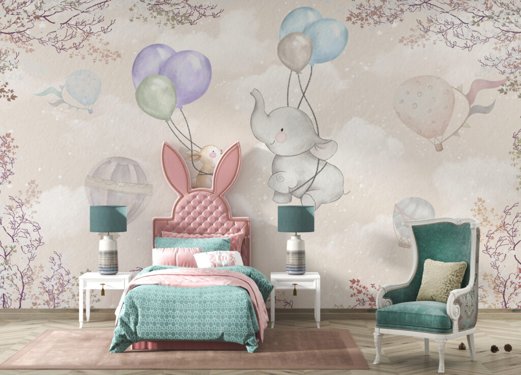 Flying Elephant Wallpaper : Balloon Bunny Nursery Mural - View 2