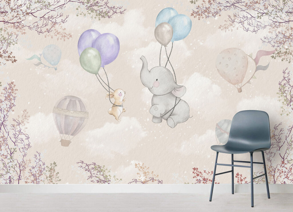 Flying Elephant Wallpaper : Balloon Bunny Nursery Mural - View 5
