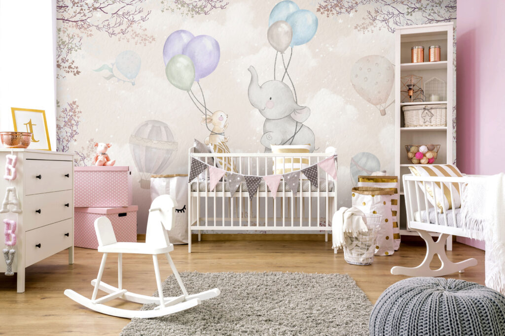 Flying Elephant Wallpaper : Balloon Bunny Nursery Mural - View 4