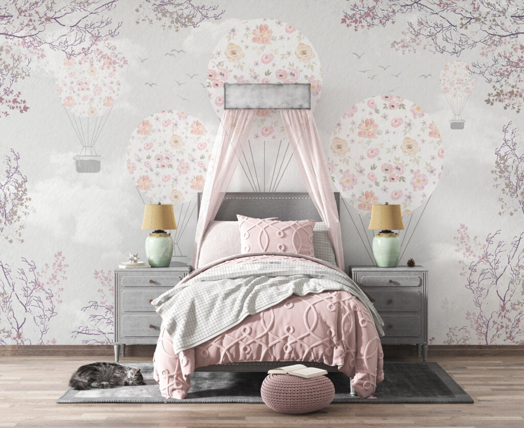 Floral Balloon Wallpaper : Pastel Flower Hot Air Balloons Mural