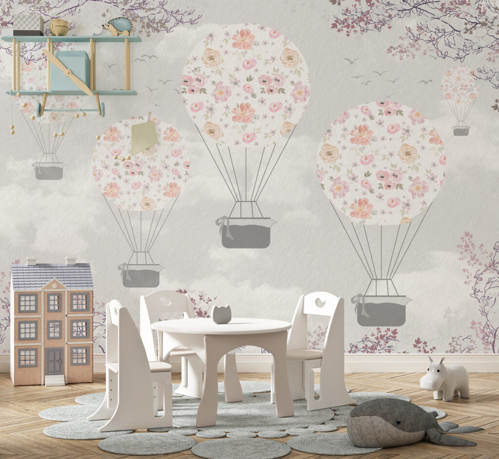 Floral Balloon Wallpaper : Pastel Flower Hot Air Balloons Mural - View 2