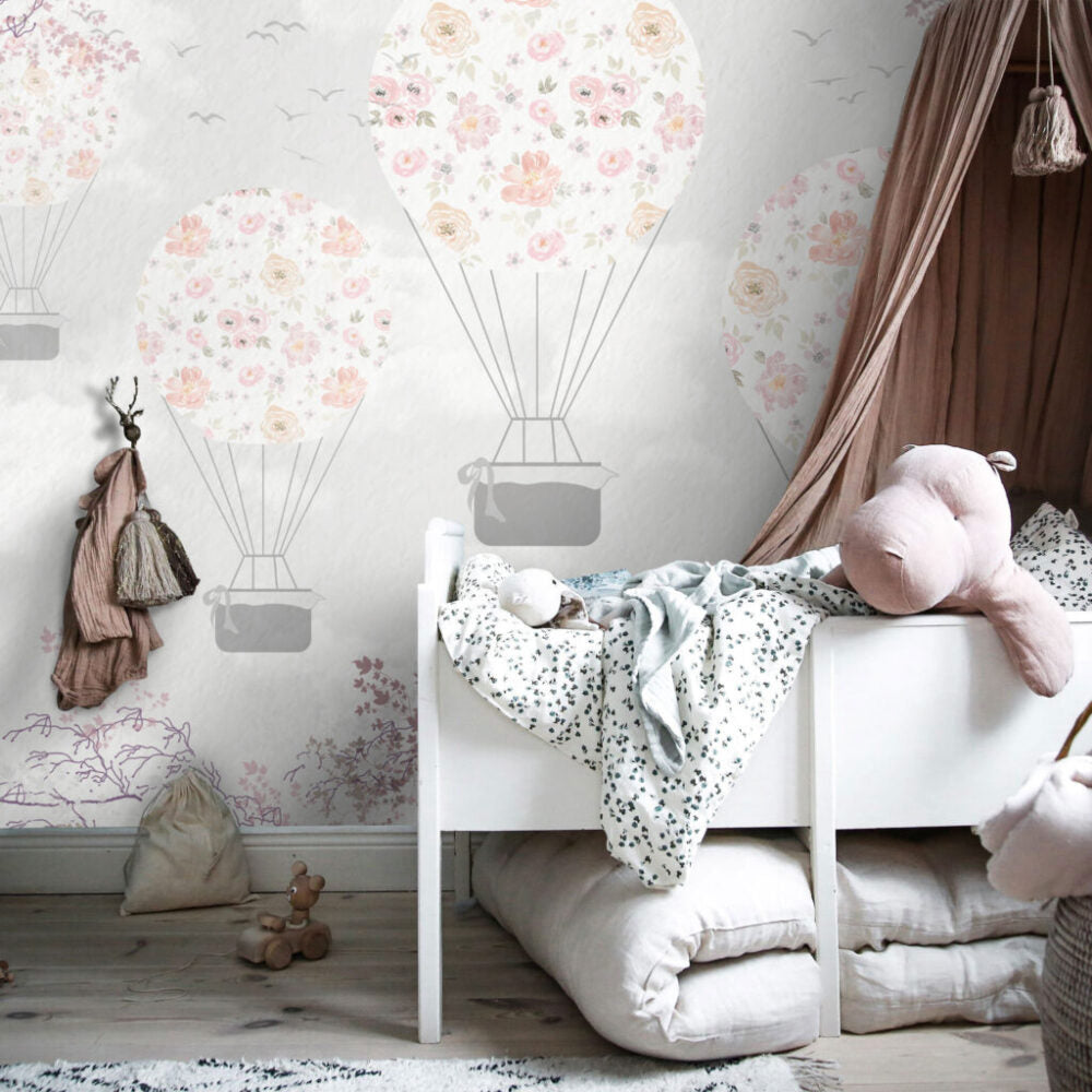 Floral Balloon Wallpaper : Pastel Flower Hot Air Balloons Mural - View 5