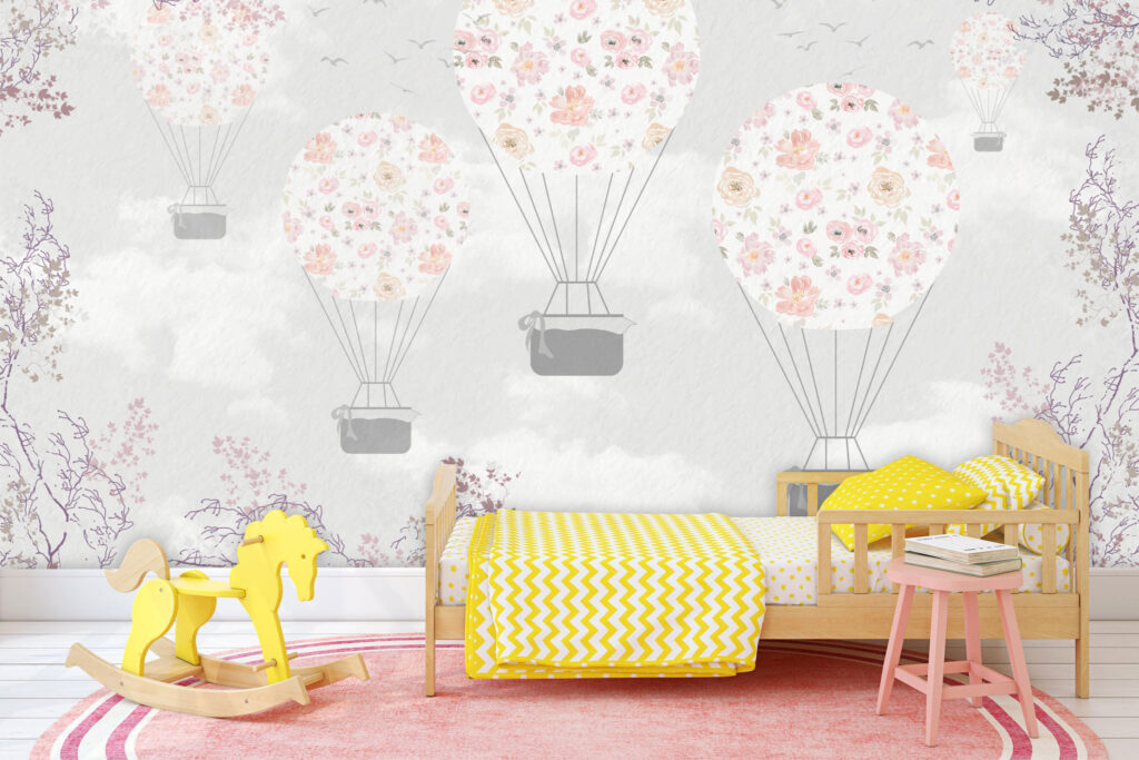 Floral Balloon Wallpaper : Pastel Flower Hot Air Balloons Mural - View 3