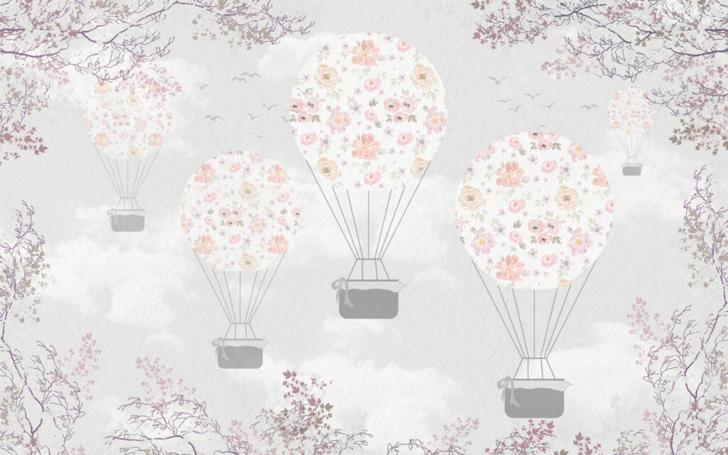 Floral Balloon Wallpaper : Pastel Flower Hot Air Balloons Mural - flat design