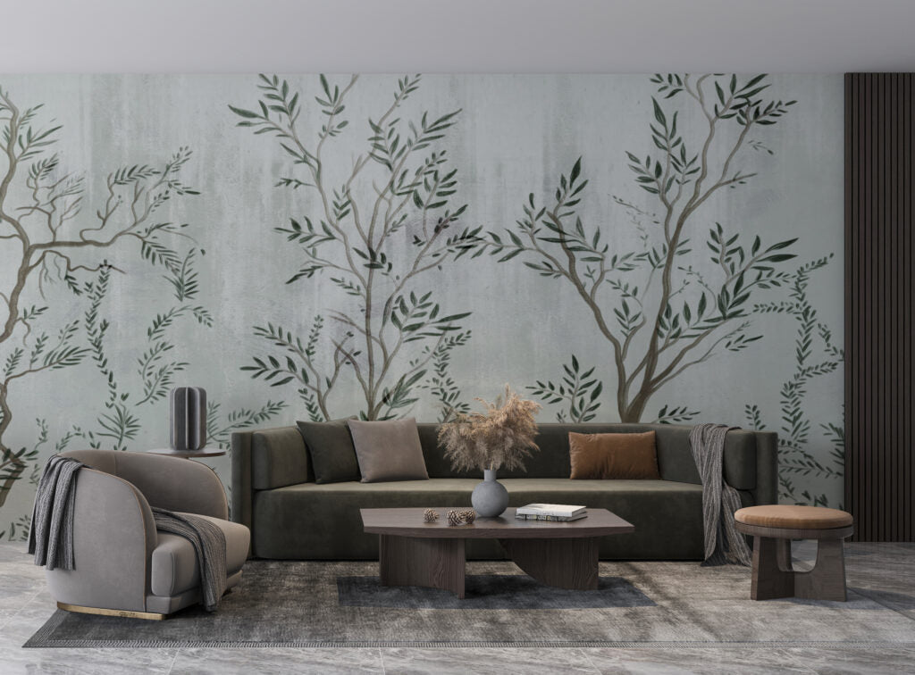Slender Botanical Wallpaper : Sage Branch Silhouette Mural