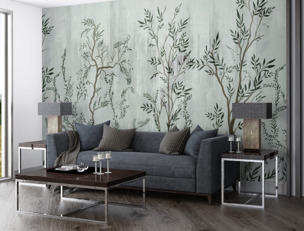 Slender Botanical Wallpaper : Sage Branch Silhouette Mural - View 5