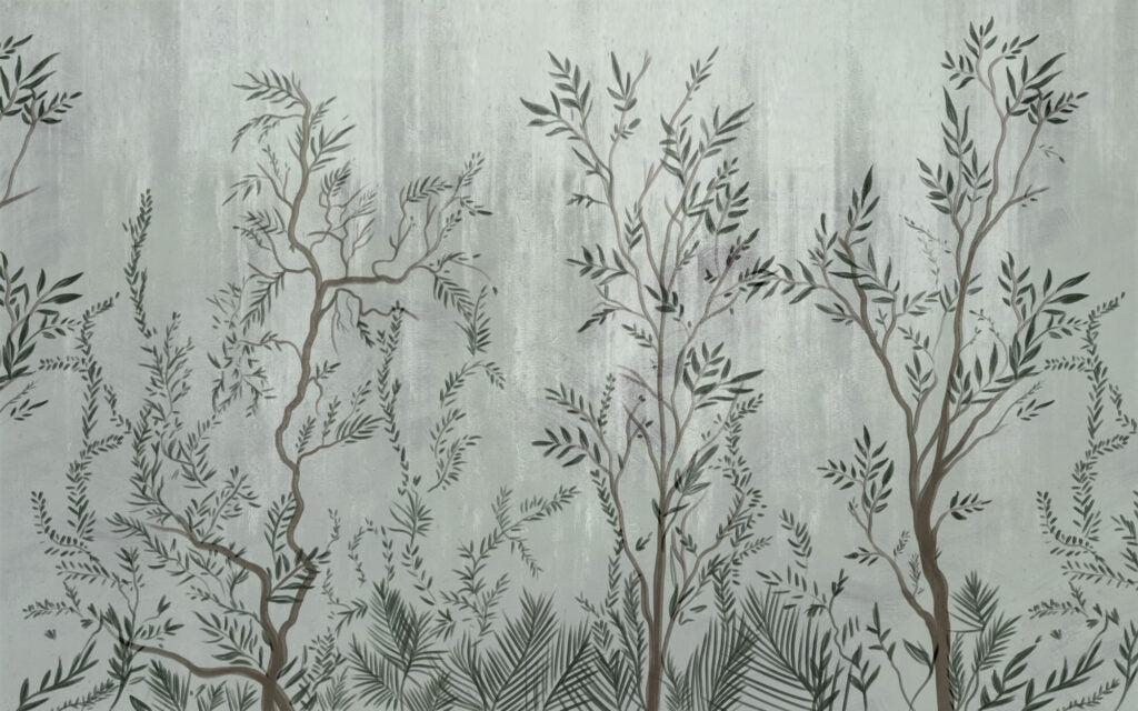 Slender Botanical Wallpaper : Sage Branch Silhouette Mural - flat design